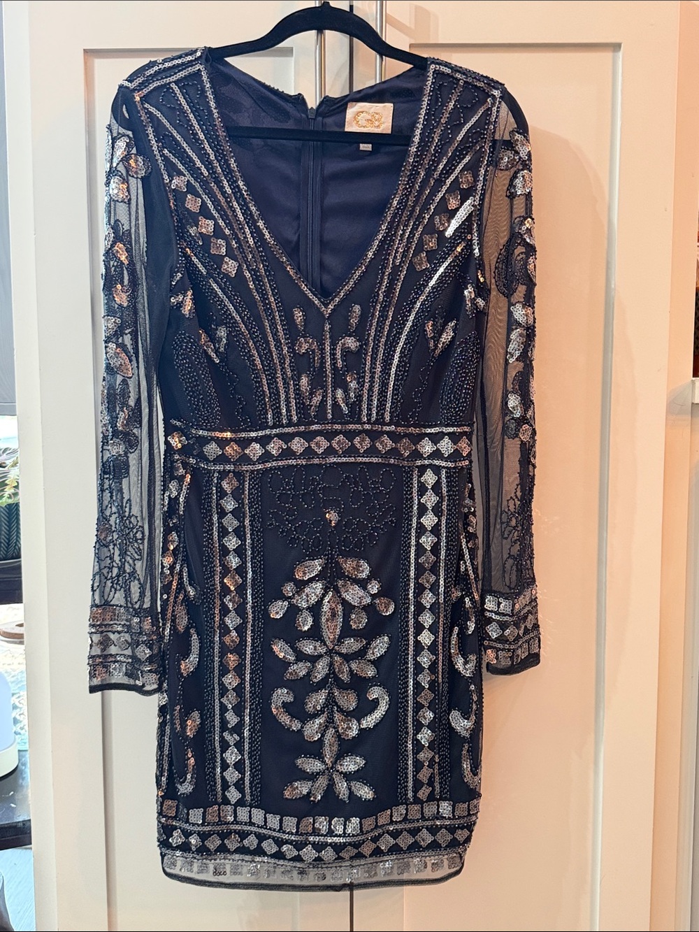 Beaded Navy Long-Sleeve V-Neck CocktailDress